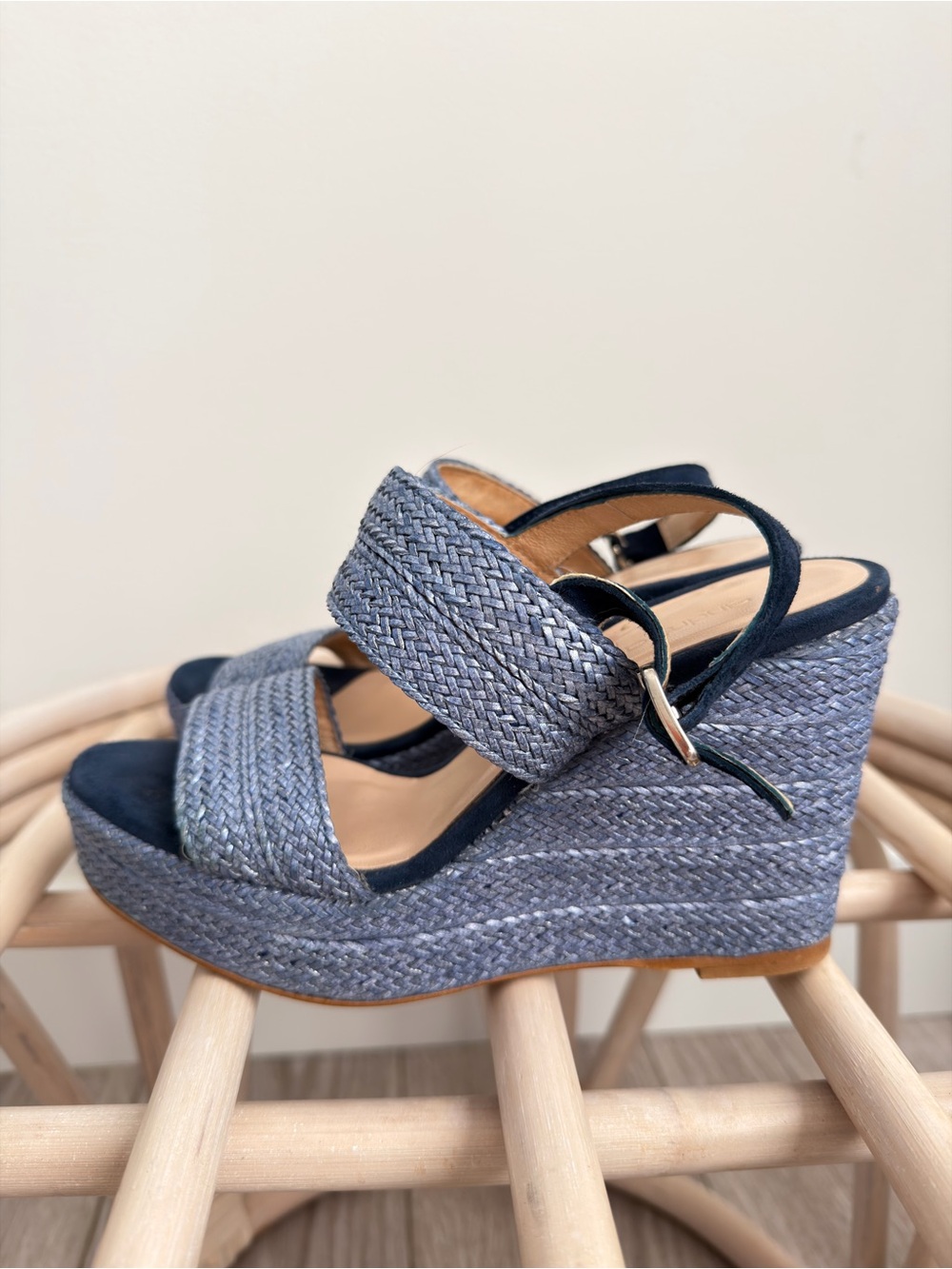 Andre Assous Navy Braided Raffia Wedge Sandals